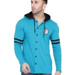 Men Turquoise Solid Cotton Blend Hooded Neck T-shirt
