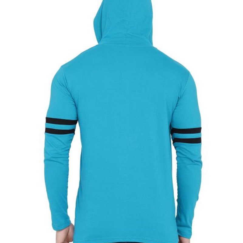 Men Turquoise Solid Cotton Blend Hooded Neck T-shirt